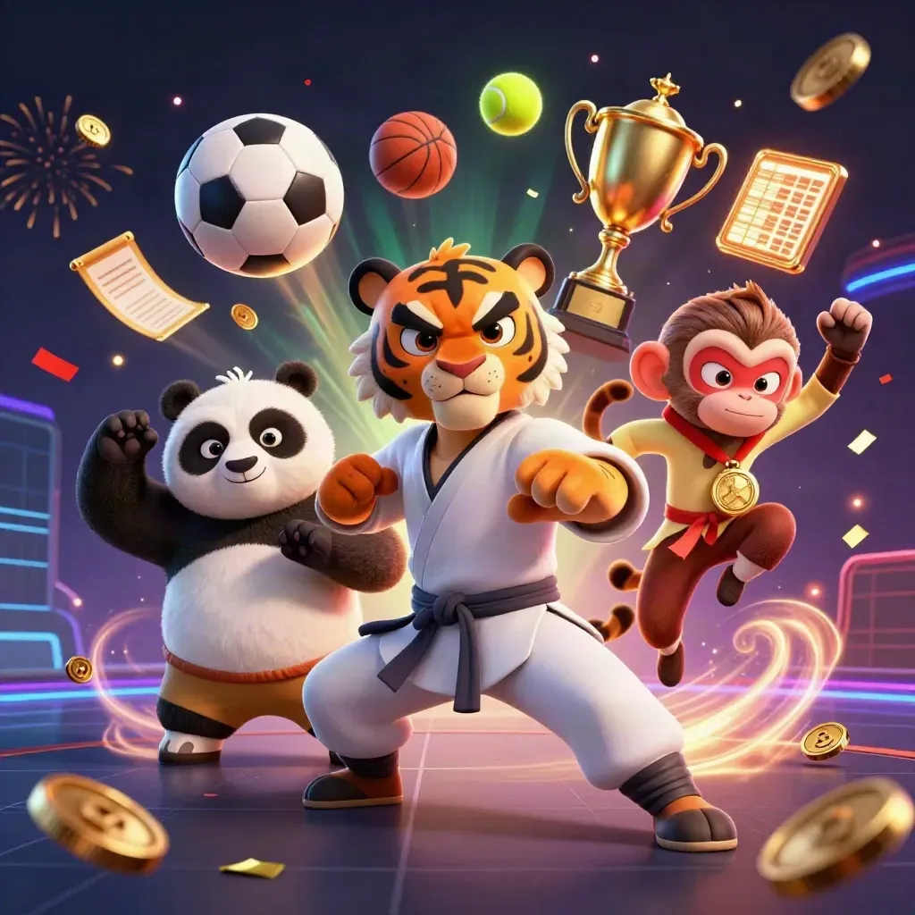 Macan kung-fu, panda, dan monyet di neon emas dengan bola, trofi, koin, dan kilat.
