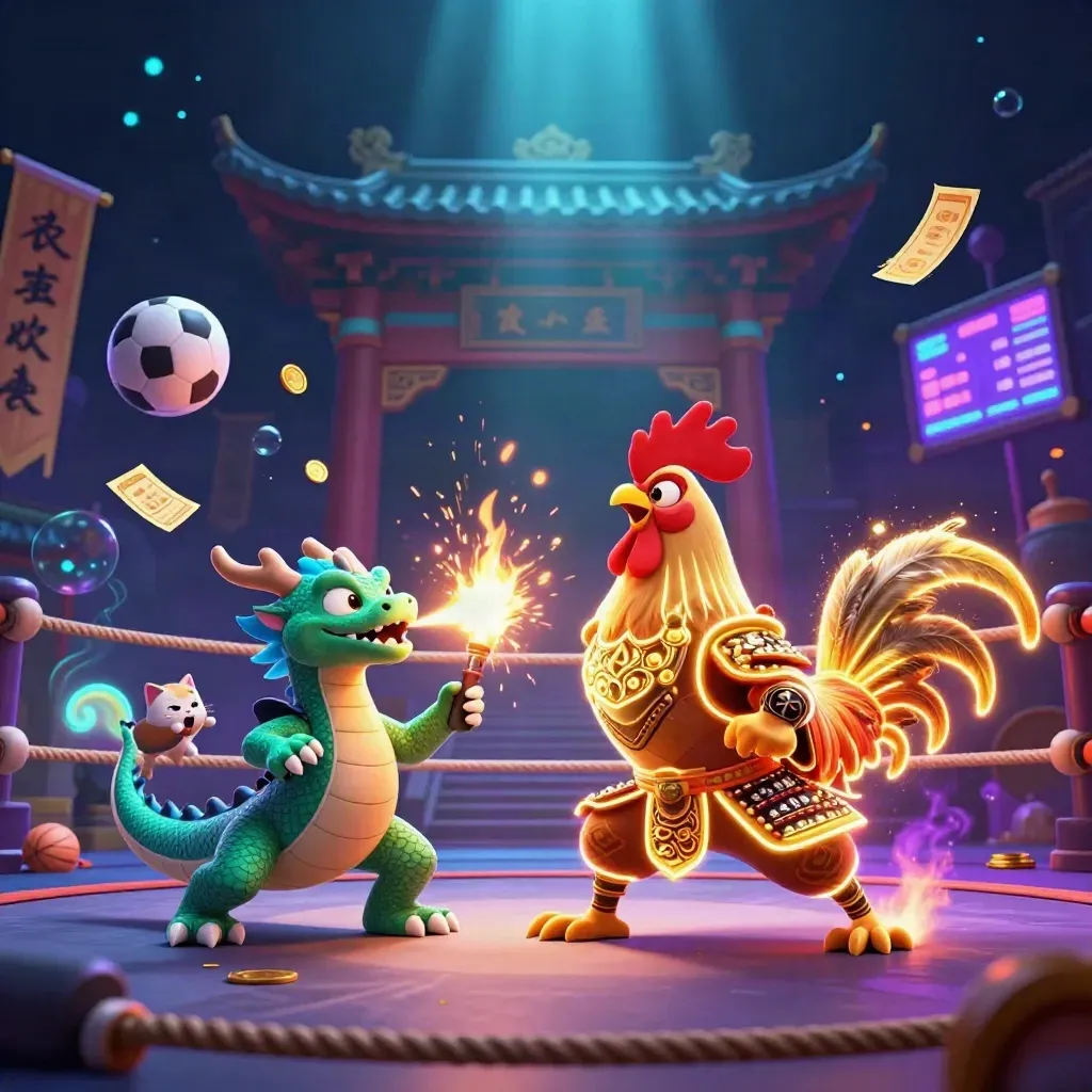 Ayam samurai, naga kecil, dan kucing keberuntungan di arena neon dengan bola dan koin.