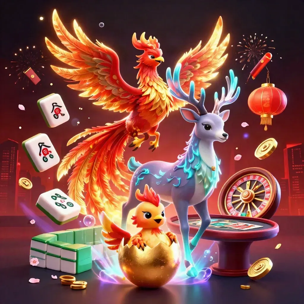 Phoenix, rusa kristal, dan bayi phoenix di kasino neon emas.