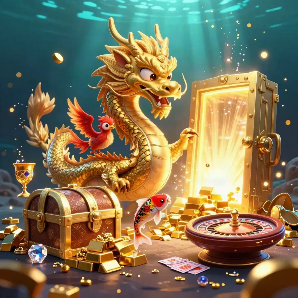 Naga emas, phoenix merah, dan koi di ruang kasino mewah bercahaya emas.