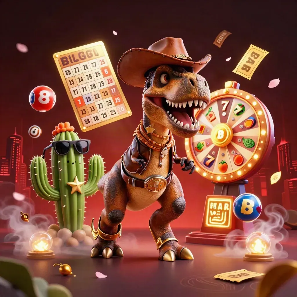 T-Rex koboi, kaktus, dan roadrunner di ledakan simbol kasino emas, latar kota merah gelap.