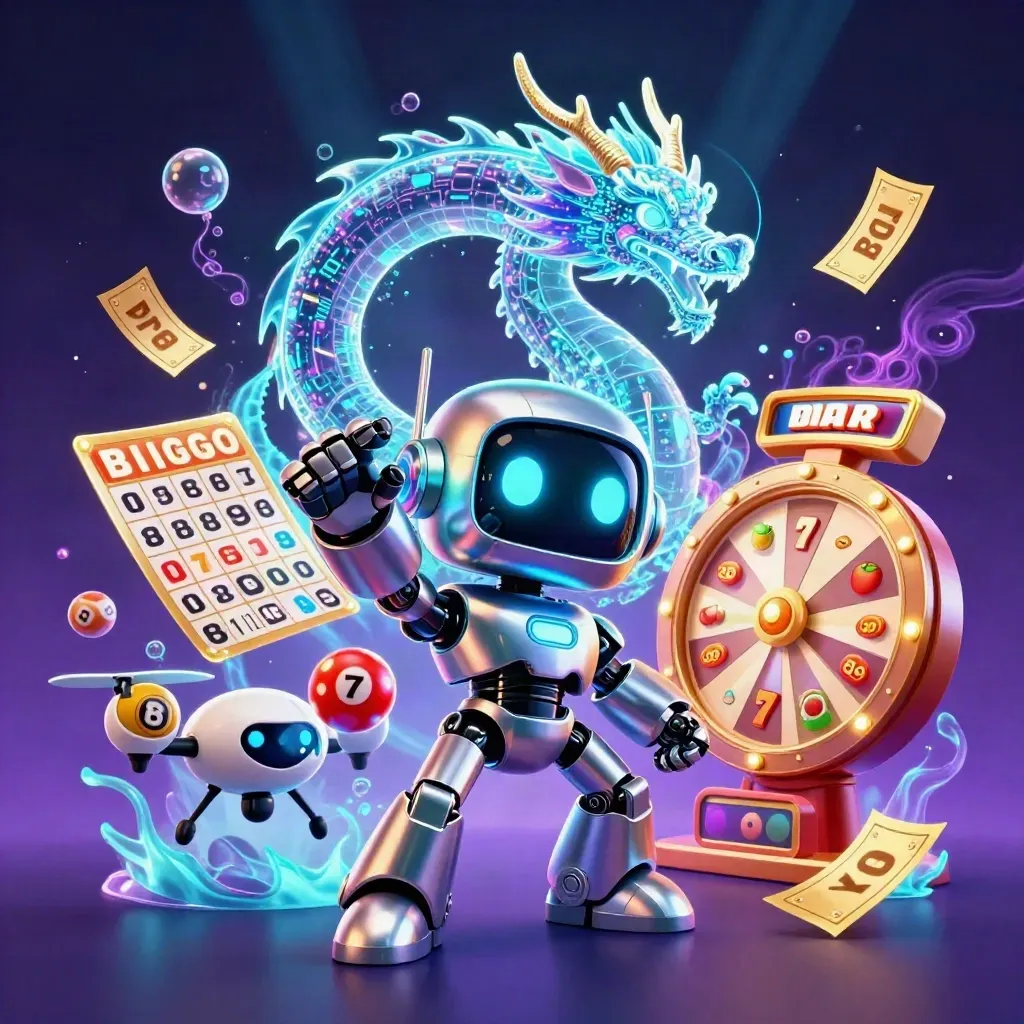 Robot cyberpunk, naga holografik, dan drone koin di tengah efek kasino neon.