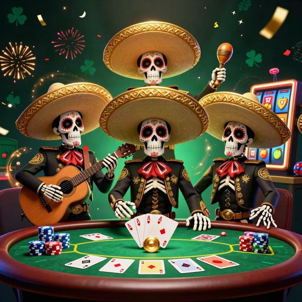 Tiga skeleton mariachi Day of the Dead di meja poker, neon emas dan hijau, nuansa kasino premium.